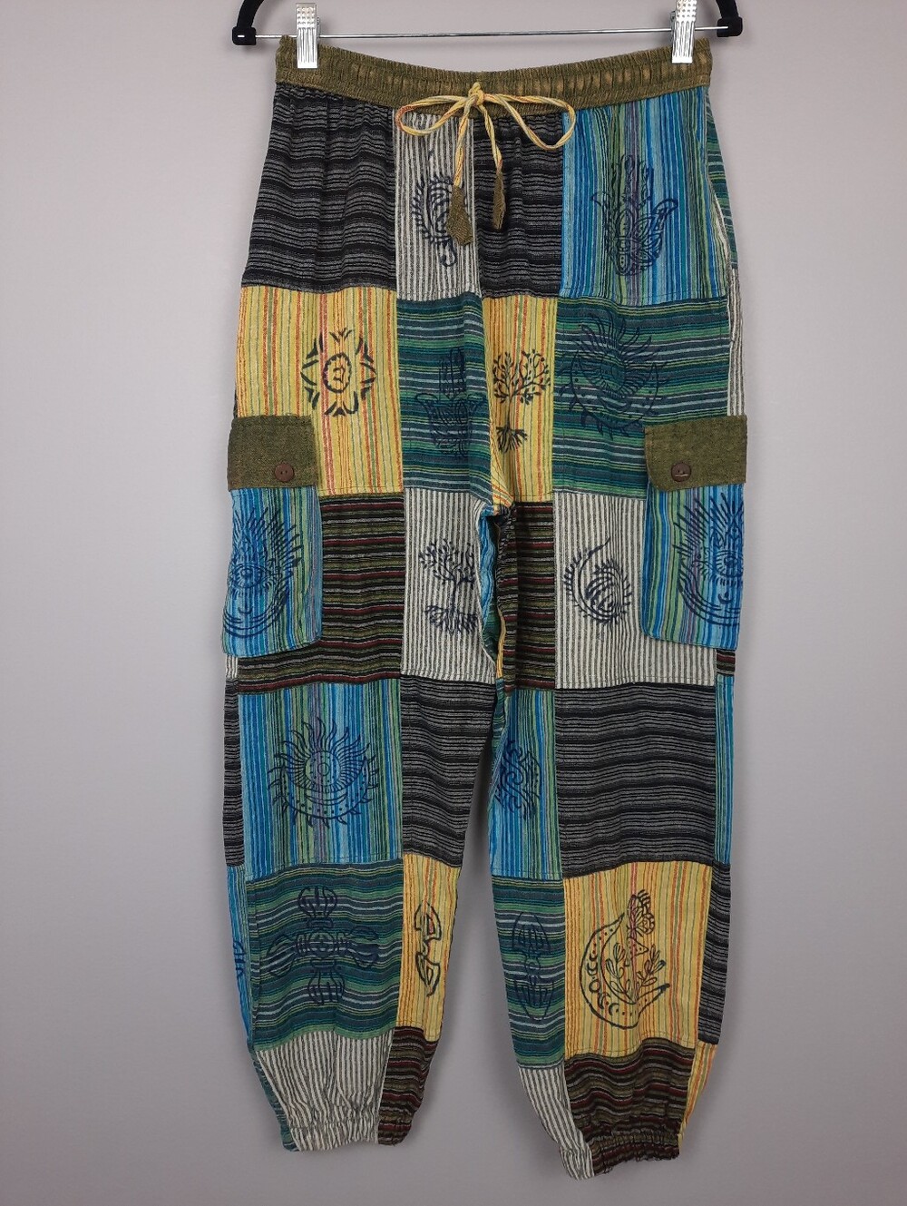Rising International Cotton Patchwork Hippie Boho Cargo Jogger Pants size XL